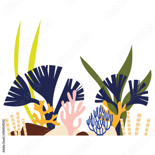 Bundle of various corals and seaweed or algae underwater species, marine creatures, sea or ocean flora and fauna