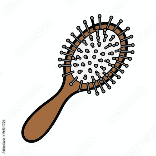 A simplistic, outlined image of a brown and grey hairbrush with a rounded head