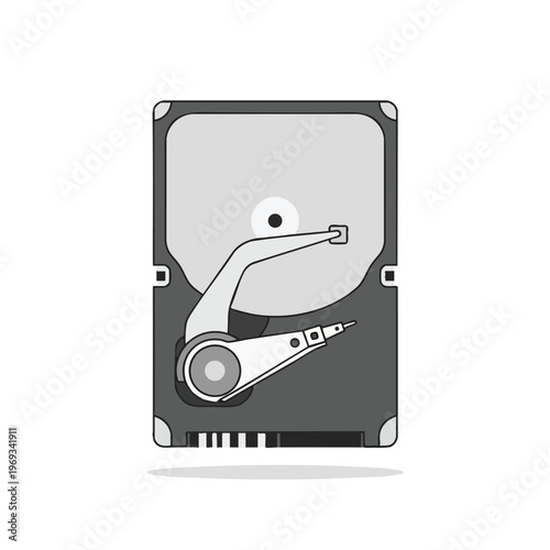 A schematic of a computer hard drive with its internal components visible