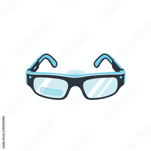 Rectangular eyeglasses with blue frames and transparent lenses with a visible reading segment