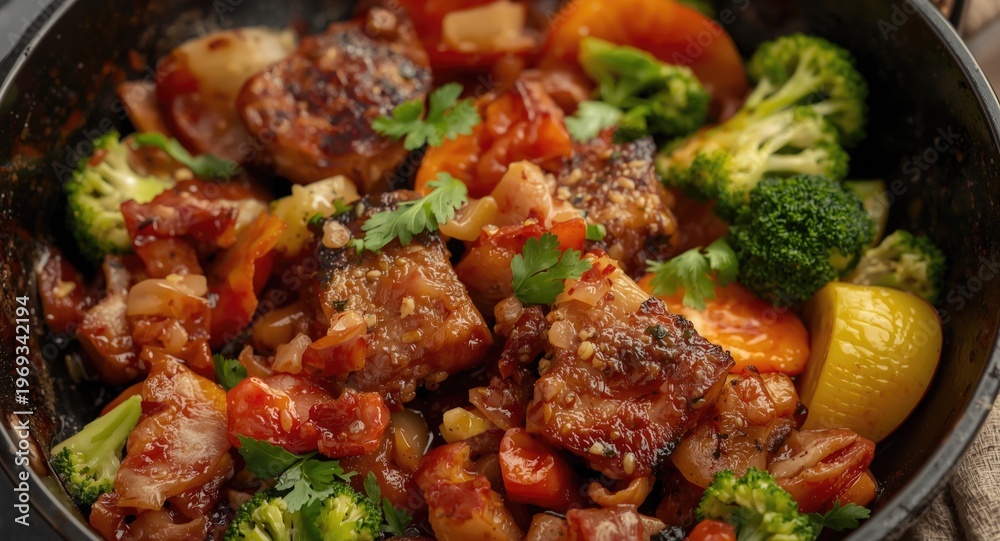 Fototapeta premium Tender pork belly and bacon stir fried alongside vibrant vegetables