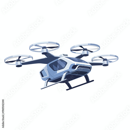Futuristic quadcopter taxi vehicle in light blue and white, isolated