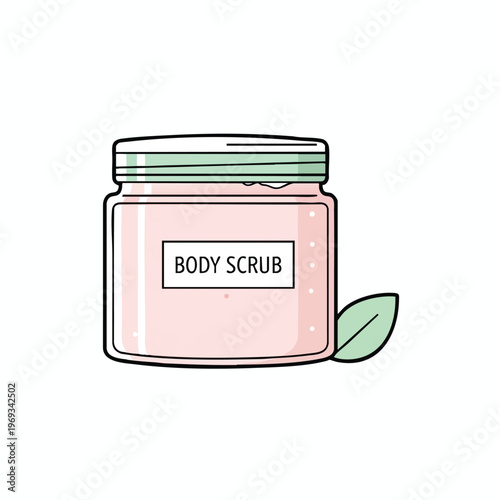 A pink body scrub jar with a green striped lid and a single leaf
