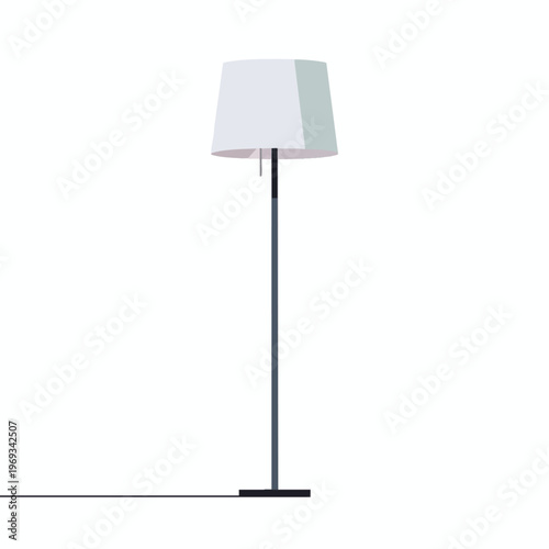 Minimalist tall lamp with a white conical shade and dark slender stem on a white background