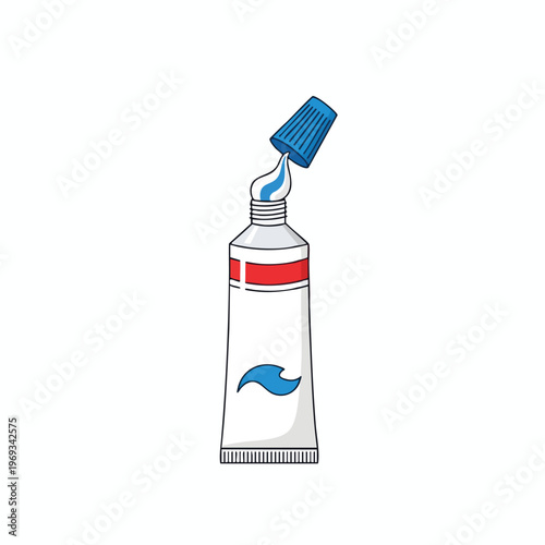 A blue-capped white tube is squeezed, showing white and blue paste emerging