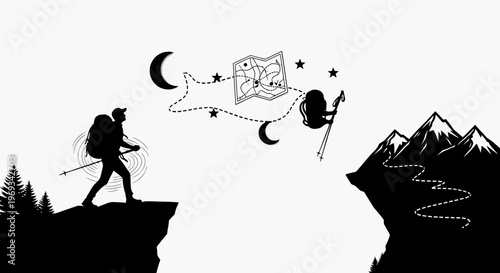 Silhouette of a hiker trekking with map and mountain landscape at night