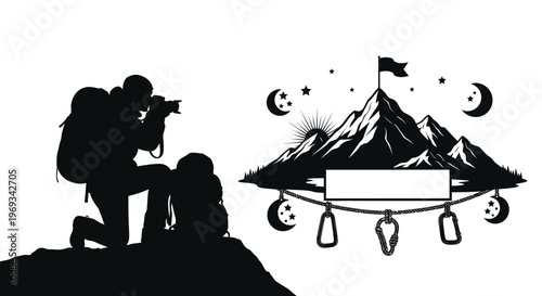 Silhouette of a hiker with a camera and mountain peak logo