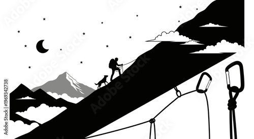Silhouette of a hiker with a dog climbing a mountain under a starry sky