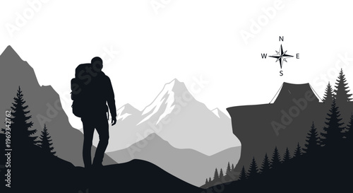 Silhouette of a hiker with compass in a mountainous landscape illustration