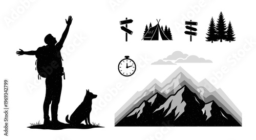 Silhouette of a hiker with dog mountain landscape and travel elements