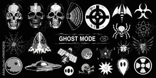 A collection of spooky supernatural and science fiction themed illustrations