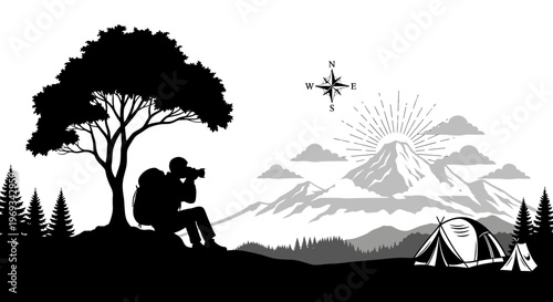 Silhouette of a photographer capturing the scenic mountain landscape