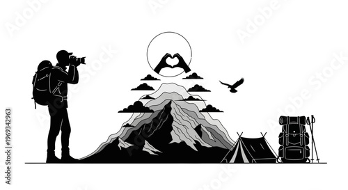 Silhouette of a photographer capturing mountain landscape with camping gear