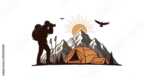 Silhouette of a photographer capturing mountain scenery with tent and sun