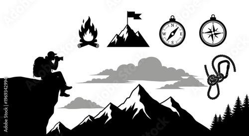 Silhouette of a photographer on a mountain with outdoor adventure icons