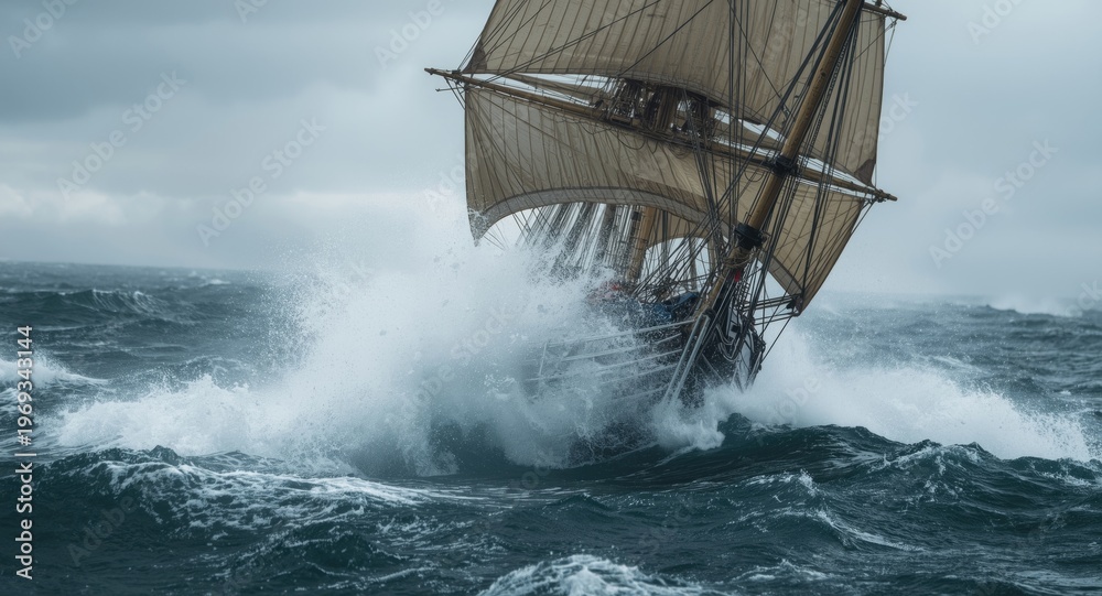 Obraz premium old sailing ship navigating heavy sea waves on a blustery day
