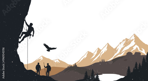 Silhouette of a rock climber ascending a cliff with mountains and bird