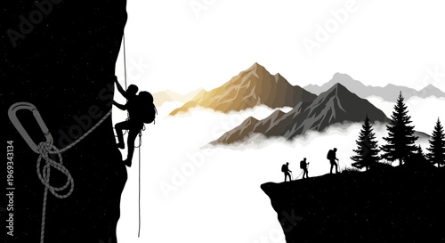 Silhouette of a rock climber and hikers with mountains and sunlight