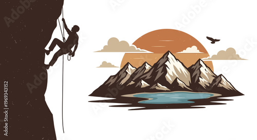 Silhouette of a rock climber ascending a cliff with mountain landscape