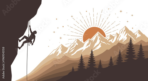 Silhouette of a rock climber ascending a cliff with mountains and sun