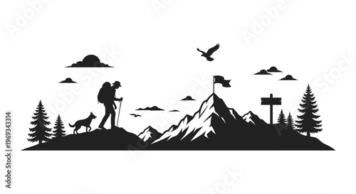 Silhouette of hiker and dog on mountain peak vector illustration