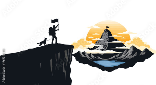 Silhouette of hiker and dog on cliff overlooking mountain and flag