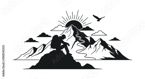 Silhouette of hiker contemplating mountain peak with rising sun