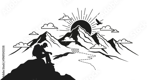 Silhouette of hiker contemplating mountain peak with rising sun