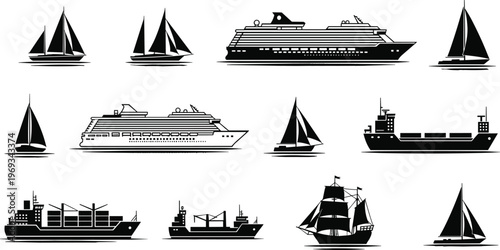 Black silhouette illustrations of diverse ships and boats including sailboats, cruise liners, cargo vessels, and historical sailing ships for maritime design and education