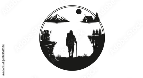 Silhouette of hiker in nature with mountains and tent in a circle
