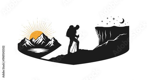 Silhouette of hiker on mountain trail with sunrise and starry night scene
