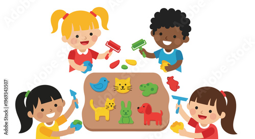 A diverse group of four children enjoy a creative craft session, molding colorful playdough into fun animal shapes like cats and bunnies.