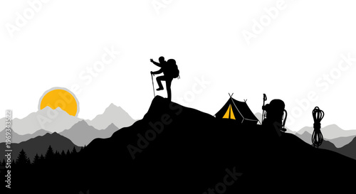 Silhouette of hiker reaching mountain peak camping gear and sunset scenery