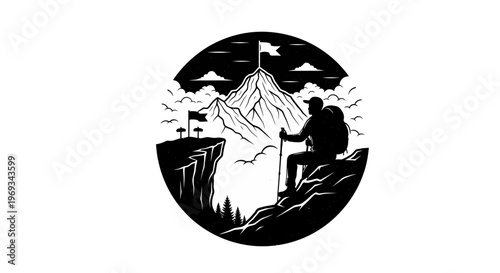 Silhouette of hiker reaching mountain peak with flag in circular design