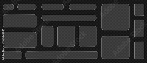 Set of modern glass buttons for web interface and ui design. Collection of transparent glass buttons in various shapes and sizes for website and app UI elements. Modern design with rounded corners.