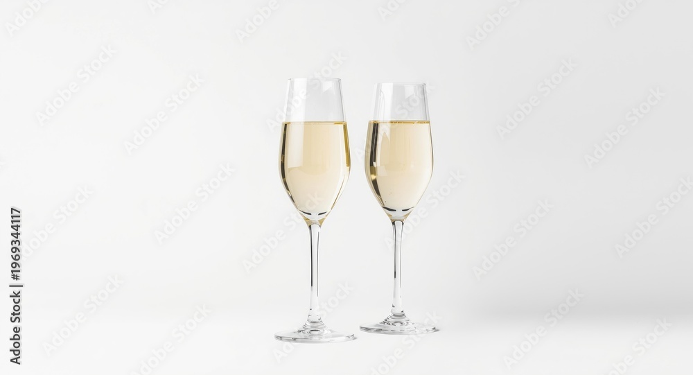 Fototapeta premium White champagne glasses showcased with stark white backdrop and minimalist style