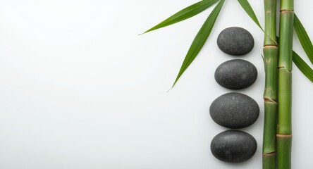 Mental health awareness month banner with light background and overhead view of spa stones and bamboo