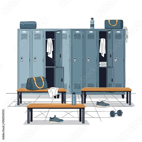 Gym locker room with benches, bags, towels, shoes, and weights