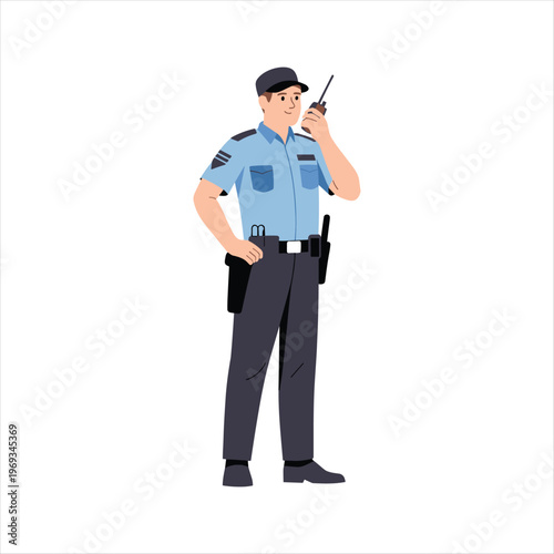 Professional Police Officer Using Walkie Talkie Flat Vector Illustration Isolated on White Background