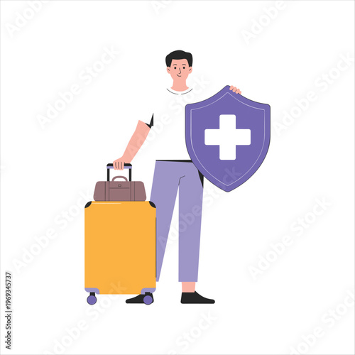 Travel Insurance Protection Concept with Tourist Holding Suitcase and Medical Shield Vector Illustration