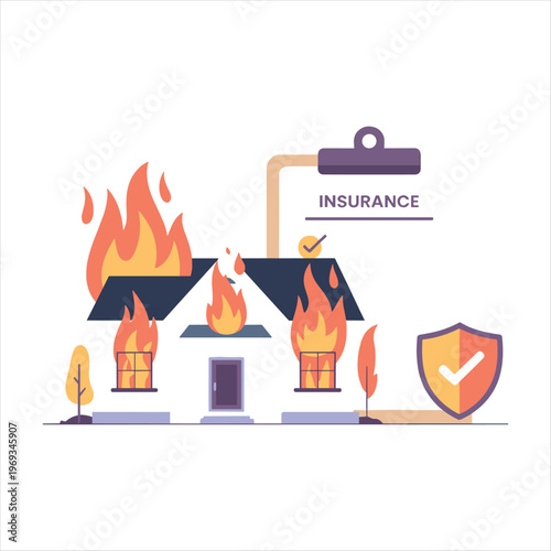 Home Fire Insurance Concept – Burning House with Protection Shield and Policy Coverage Illustration