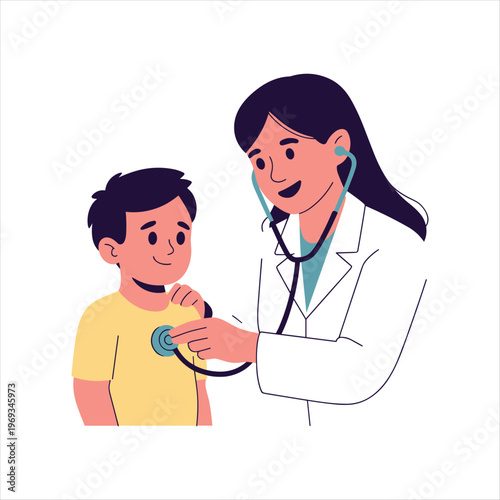 Pediatric Doctor Examining Child with Stethoscope – Healthcare, Medical Checkup and Pediatric Care Illustration