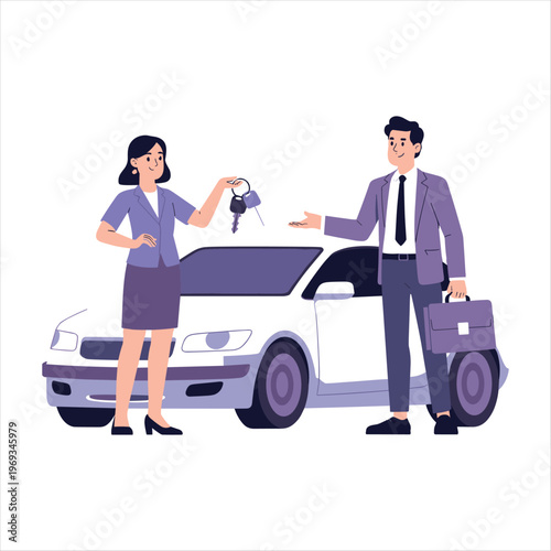 Car Purchase Handover – Woman Giving Car Keys to Businessman, Auto Dealership and Ownership Concept Illustration