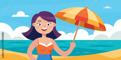 Smiling woman holding beach umbrella in the sea