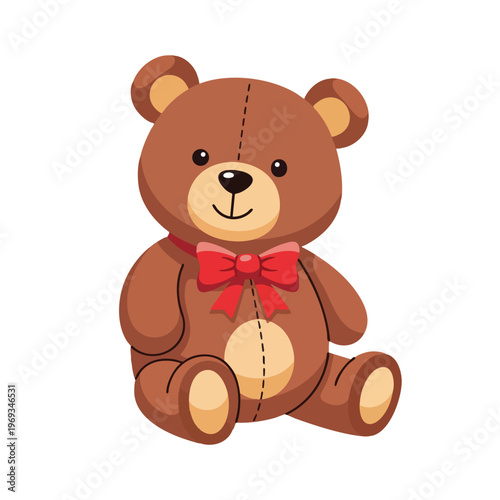A cute, cartoon brown teddy bear with a red bow sits patiently