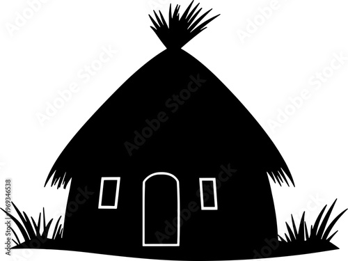 Black Silhouette of a Traditional African Hut with Thatched Roof