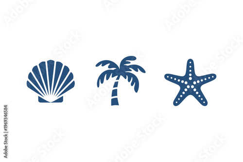 Blue seashell palm tree and starfish on white background