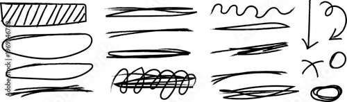 Set of hand drawn underline strokes, scribble elements, circles, arrows and frames