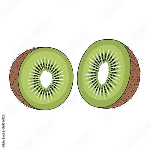 Two sliced kiwi fruits, showing green flesh, black seeds, and brown fuzzy skin