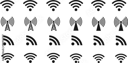 Collection of Black Wireless Wifi Icons and Signal Tower Symbols Representing Network Connectivity Internet Speed and Radio Communication Technology Isolated